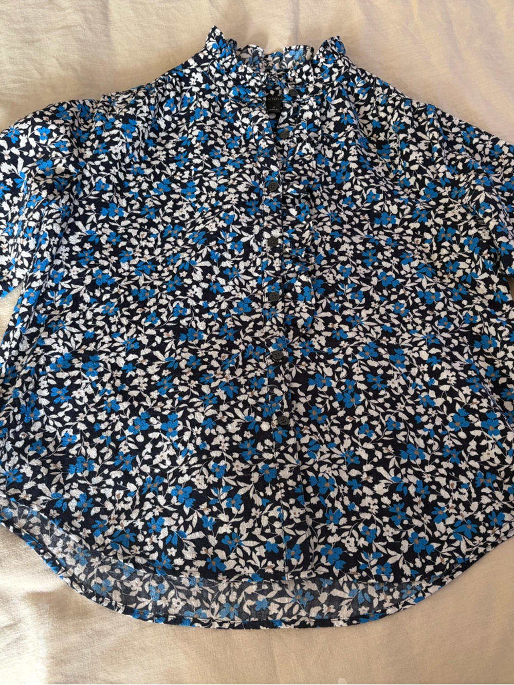 Ann Taylor Black Blouse with White & Blue Floral Print - Picture 3 of 3